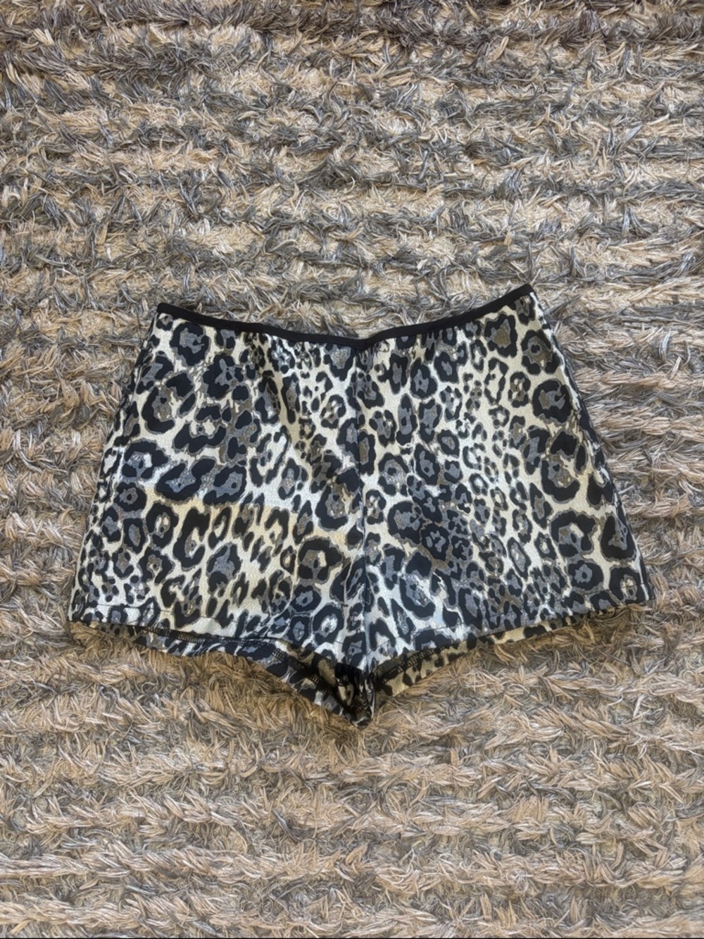 Leopard Print Satin Lounge Shorts - Black, Cream & Gold Silver Accents Size S